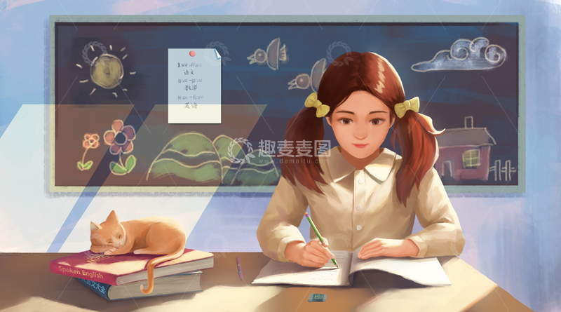 教室里学习的女孩插画