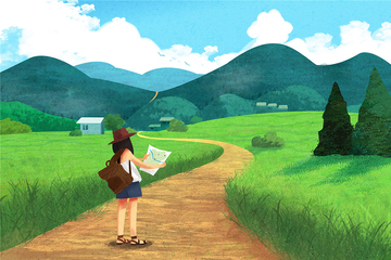 卡通风女孩少女学生田野小路看地图插画素材