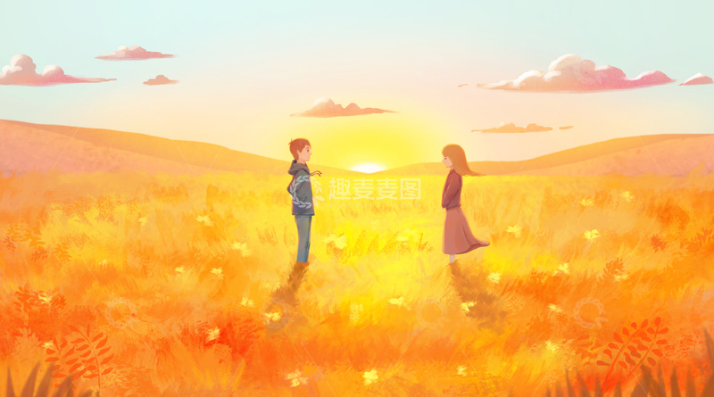 源文件下载【趣麦麦图】田野里的情侣插画