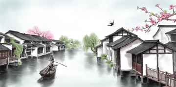 江南水乡划船古风插画