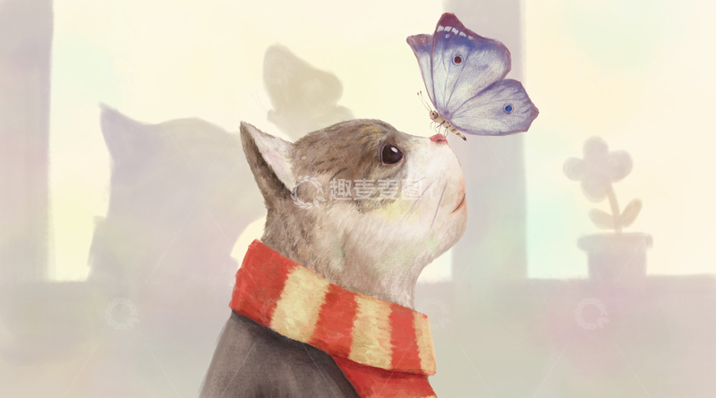 源文件下载【趣麦麦图】猫咪和蝴蝶玩耍插画