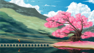 手绘风山水河岸桃花树插画素材