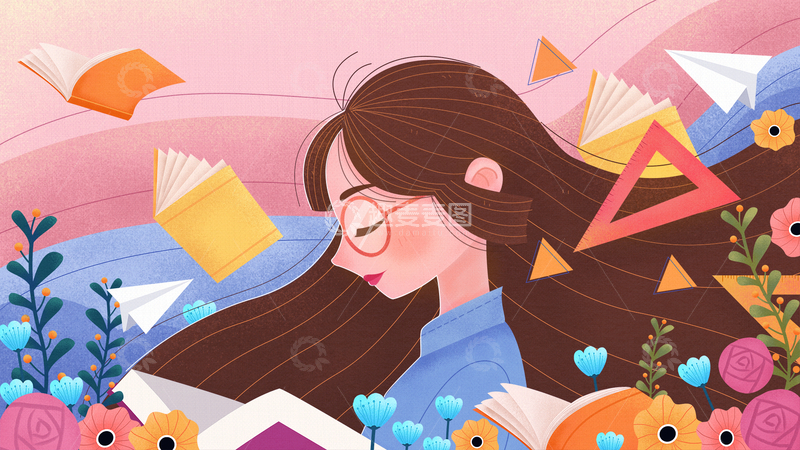 认真学习的女孩插画