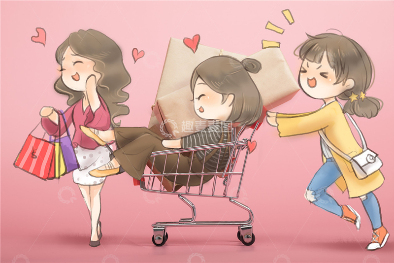 卡通女孩商场购物插画