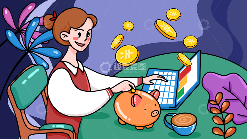 卡通风女性上班族理财场景存钱办公插画
