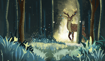 手绘风森林草地小鹿场景插画素材