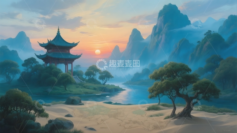 高清大图下载【趣麦麦图】山水古亭落日盛景3