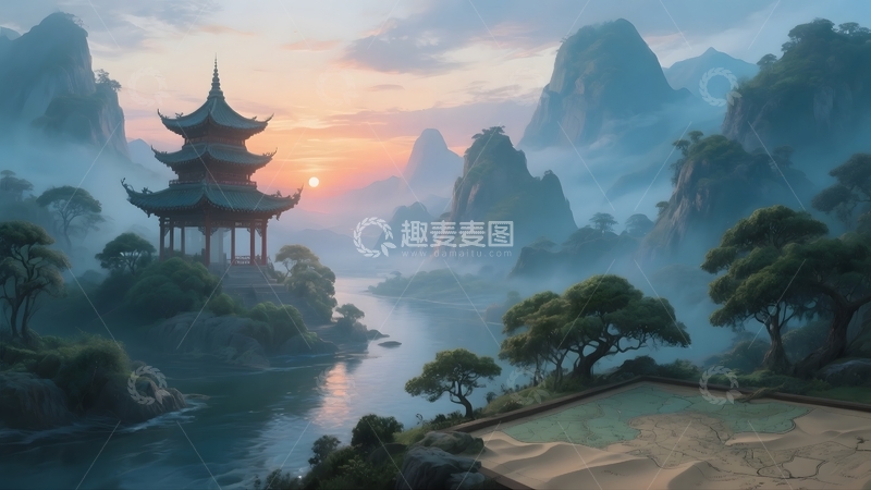 高清大图下载【趣麦麦图】山水古亭落日盛景1