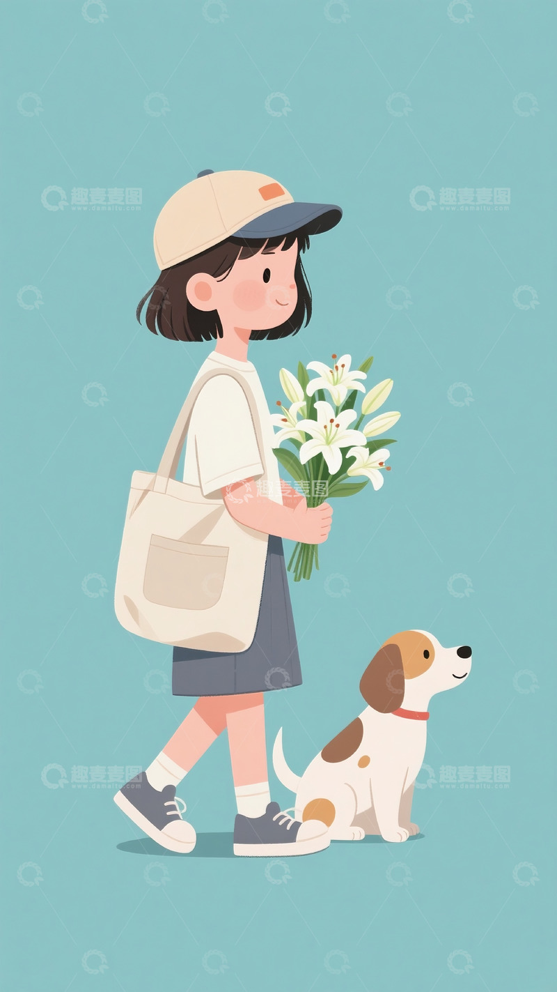 高清大图下载【趣麦麦图】拿花束的女孩插画3