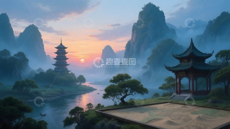 高清大图下载【趣麦麦图】山水古亭落日盛景2