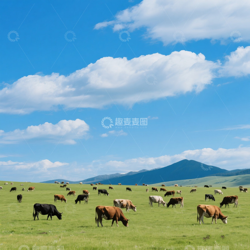 高清大图下载【趣麦麦图】蓝天白云草原奶牛1