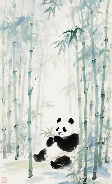 水墨熊猫竹林插画