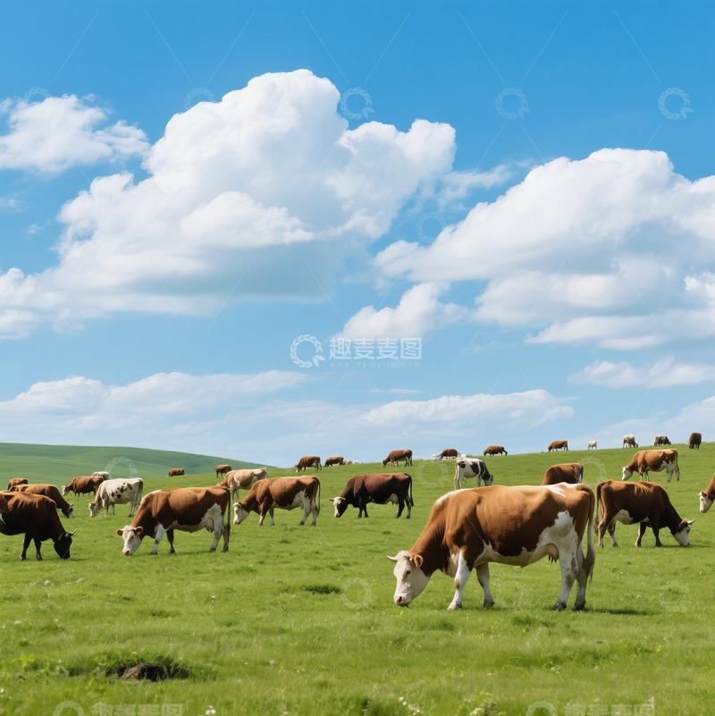高清大图下载【趣麦麦图】蓝天白云草原奶牛3
