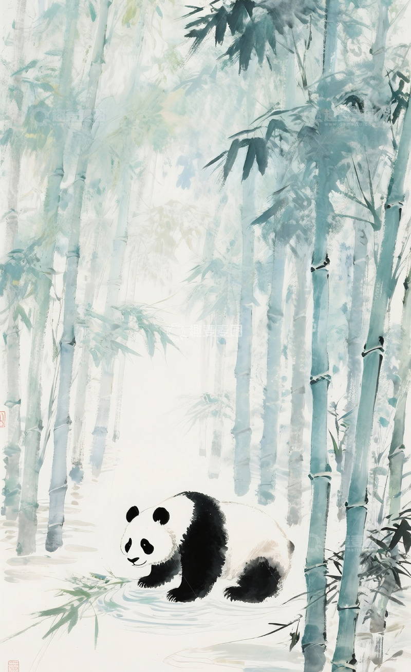 高清大图下载【趣麦麦图】水墨熊猫竹林插画1