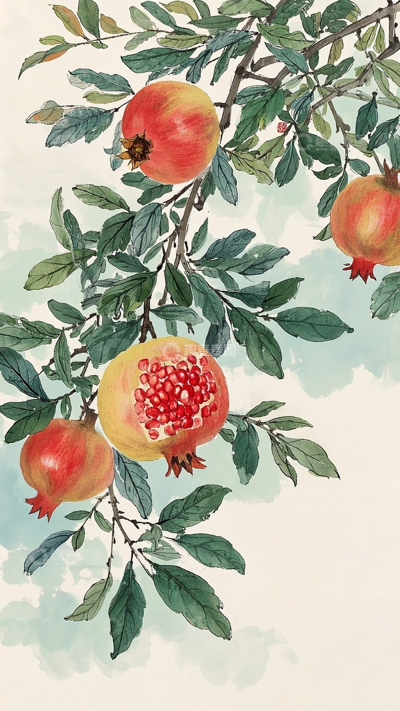 高清大图下载【趣麦麦图】石榴水墨插画 2