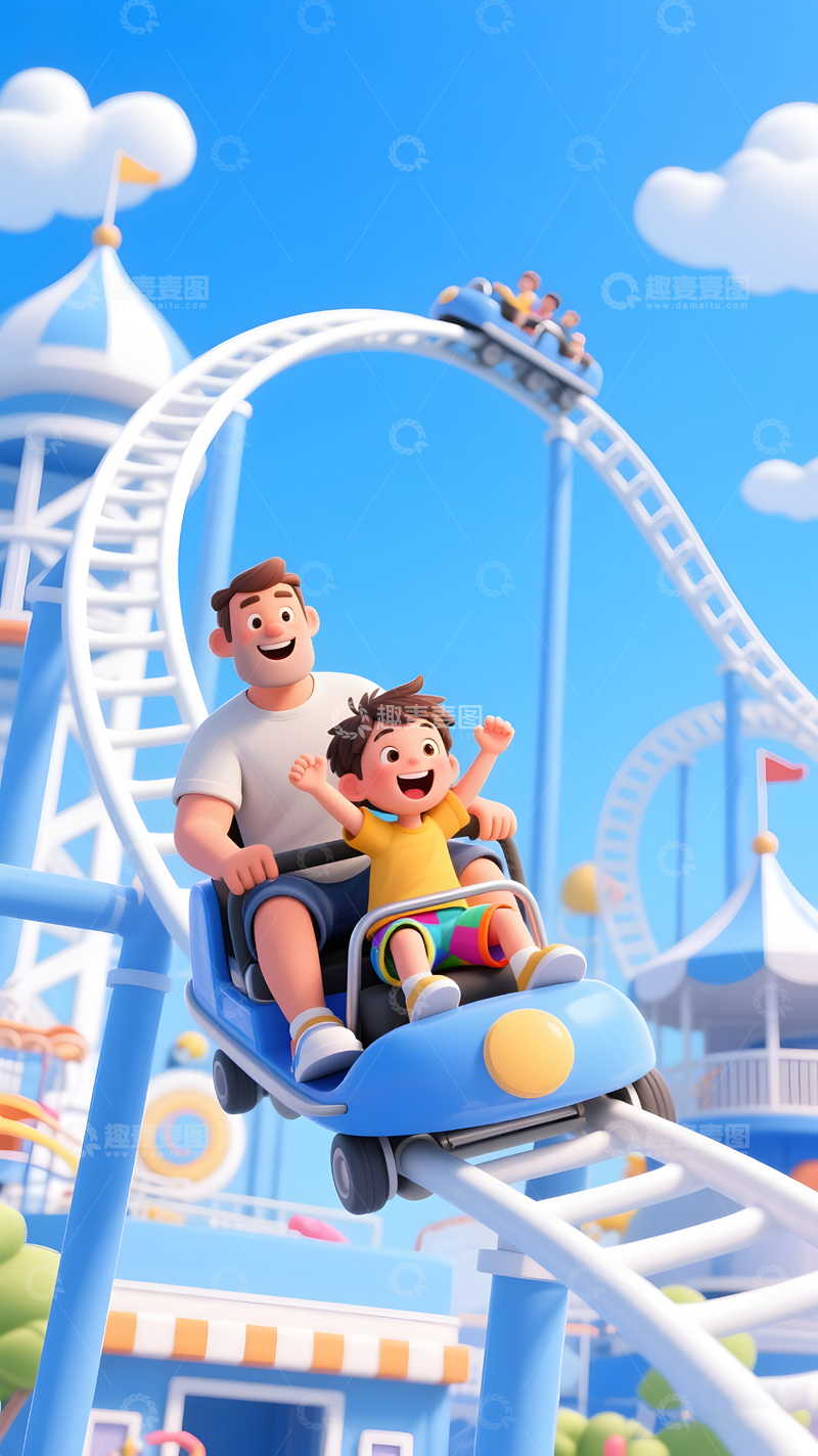 高清大图下载【趣麦麦图】卡通3D亲子游乐园插画1