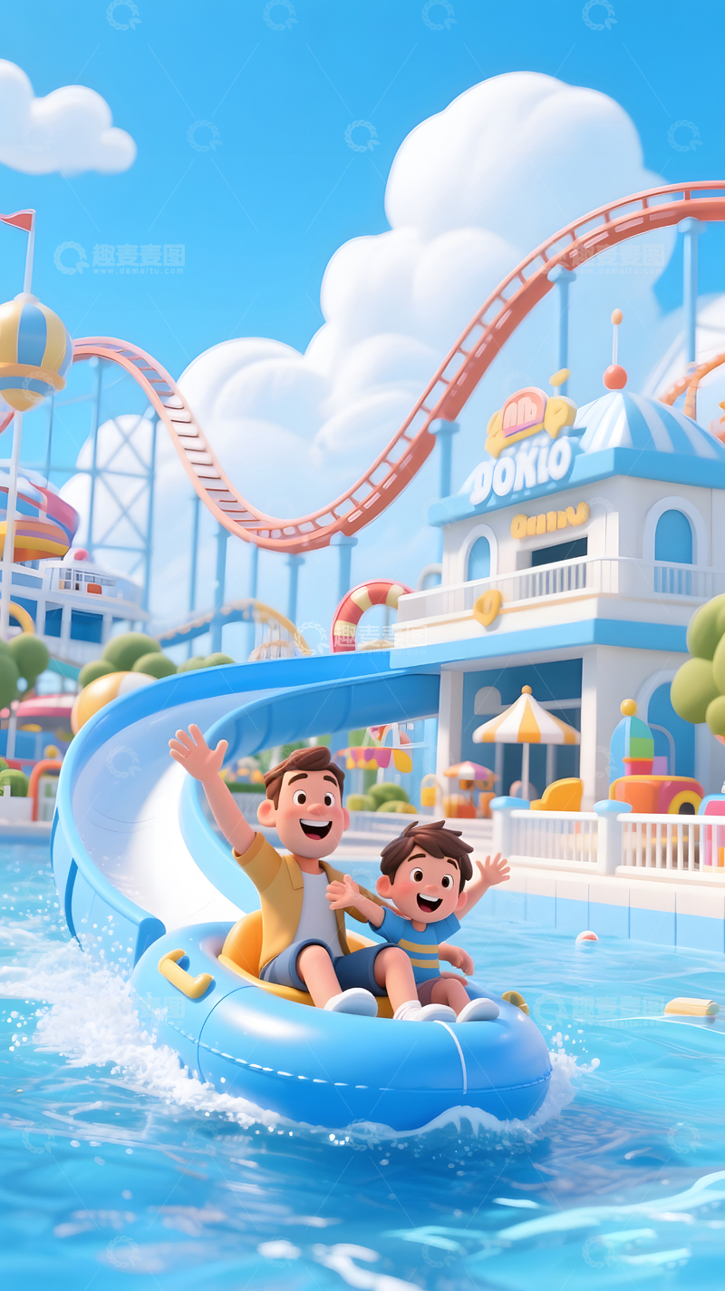 高清大图下载【趣麦麦图】卡通3D亲子游乐园插画2
