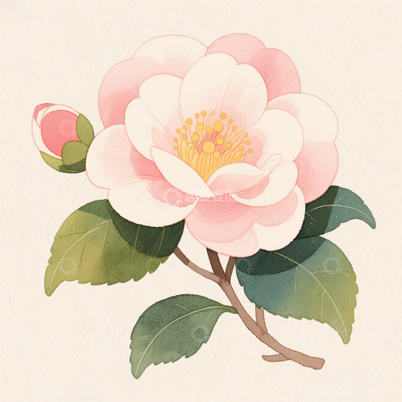 高清大图下载【趣麦麦图】卡通水彩手绘茶花素材