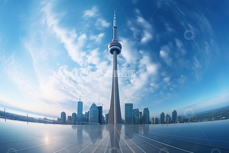 蓝天白云下的多伦多电视塔 