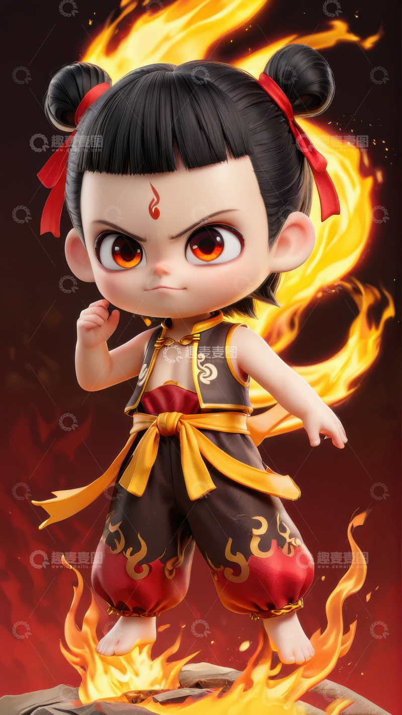 高清大图下载【趣麦麦图】愤怒带着火焰的哪吒AI插画海报背景素材