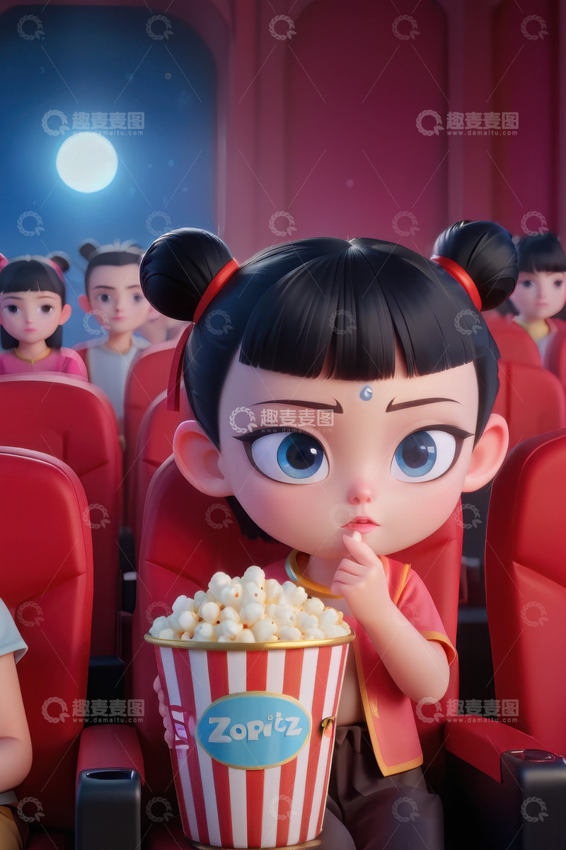 高清大图下载【趣麦麦图】电影院看电影观影哪吒AI插画海报背景素材