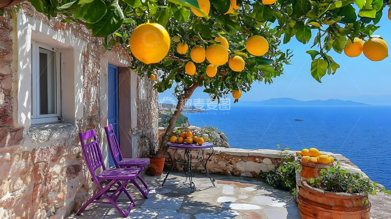 高清大图下载【趣麦麦图】地中海风情海边石屋