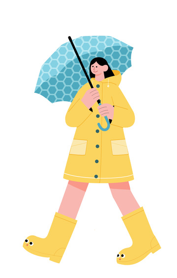 黄色雨天撑伞女孩扁平卡通可爱1