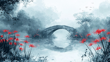 水墨风石桥彼岸