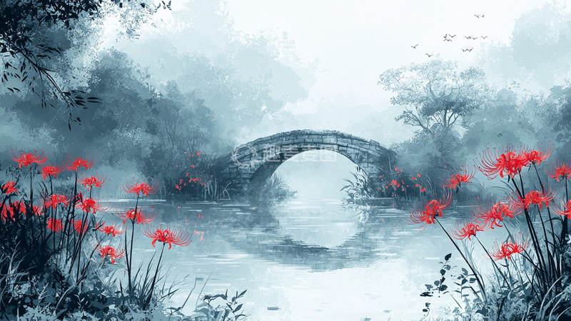 高清大图下载【趣麦麦图】水墨风石桥彼岸