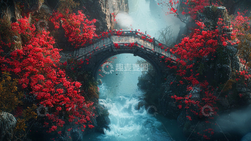 高清大图下载【趣麦麦图】流水拱桥满山红