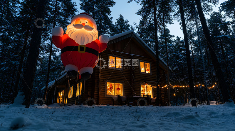 高清大图下载【趣麦麦图】圣诞节森林木屋圣诞老人装置1