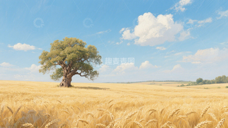 高清大图下载【趣麦麦图】麦田孤树田园背景1