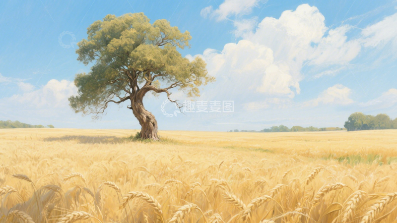 高清大图下载【趣麦麦图】麦田孤树田园背景2