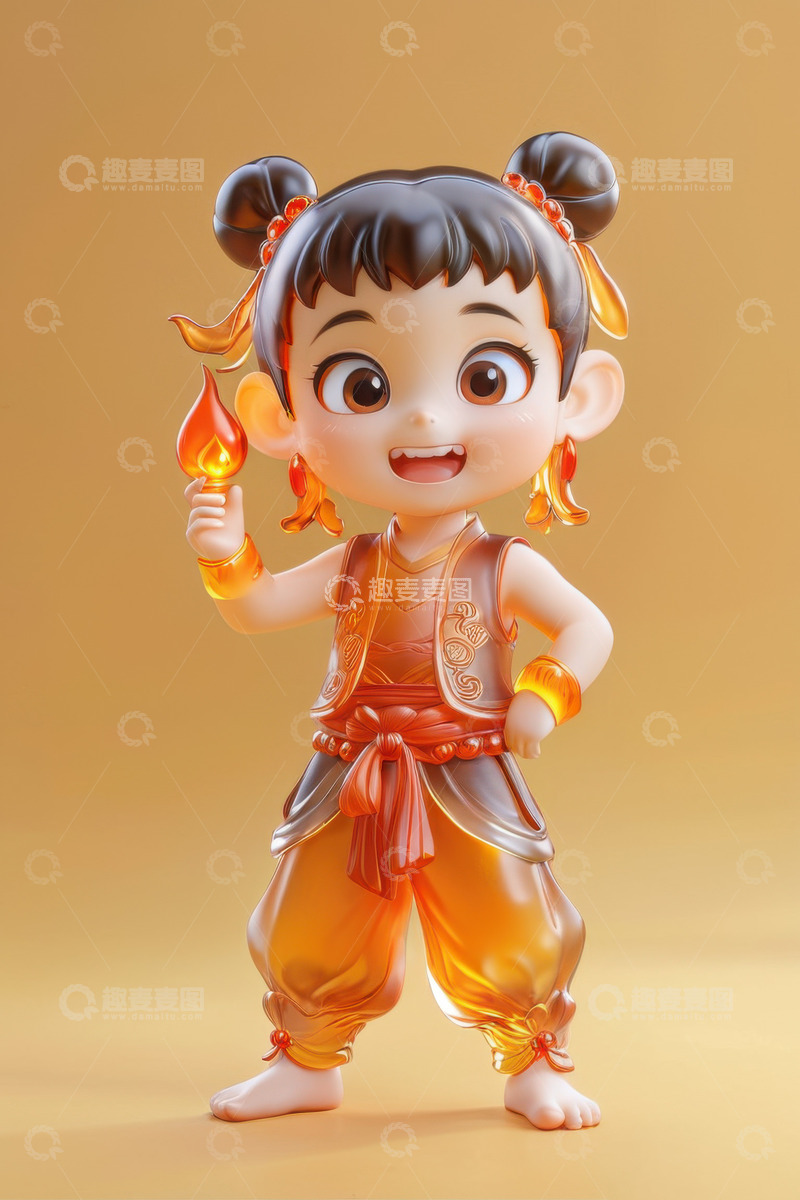 高清大图下载【趣麦麦图】3D卡通哪吒玩具摆件AI插画海报背景素材6