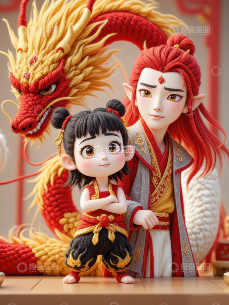 高清大图下载【趣麦麦图】3D卡通哪吒和敖丙二人像AI插画海报背景2