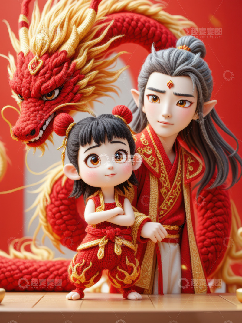 高清大图下载【趣麦麦图】3D卡通哪吒和敖丙二人像AI插画海报背景3