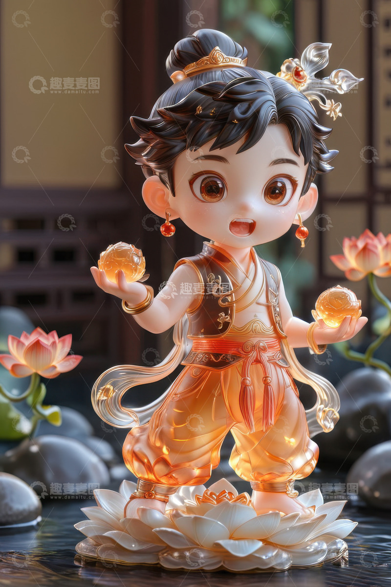 高清大图下载【趣麦麦图】3D卡通哪吒玩具摆件AI插画海报背景素材4