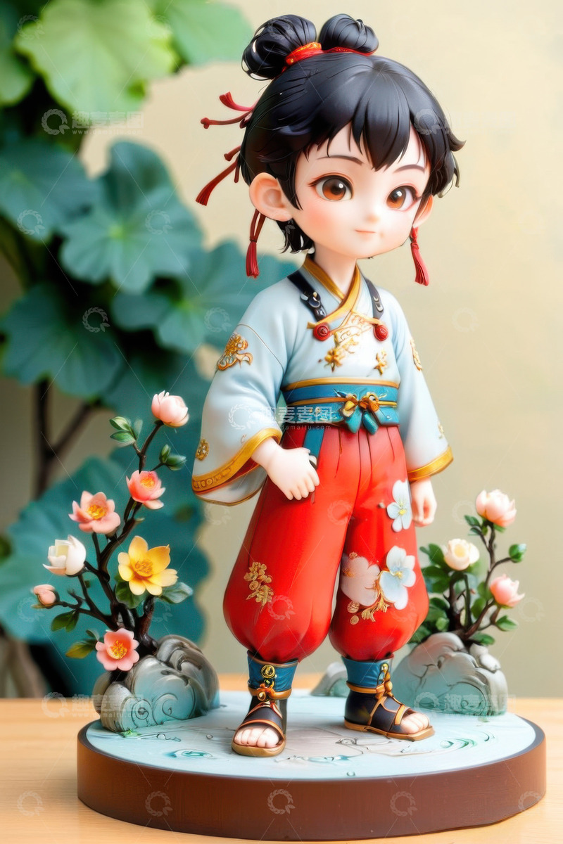 高清大图下载【趣麦麦图】3D卡通哪吒玩具摆件AI插画海报背景素材