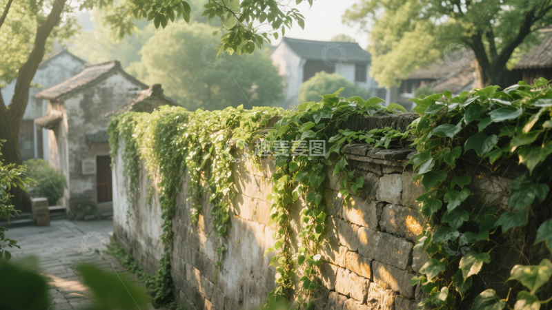 高清大图下载【趣麦麦图】古墙绿植宁静背景2