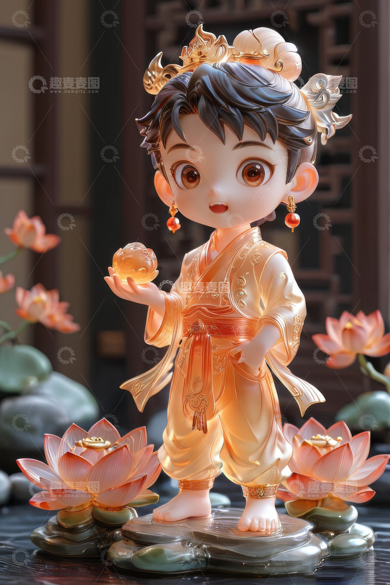 高清大图下载【趣麦麦图】3D卡通哪吒玩具摆件AI插画海报背景素材3