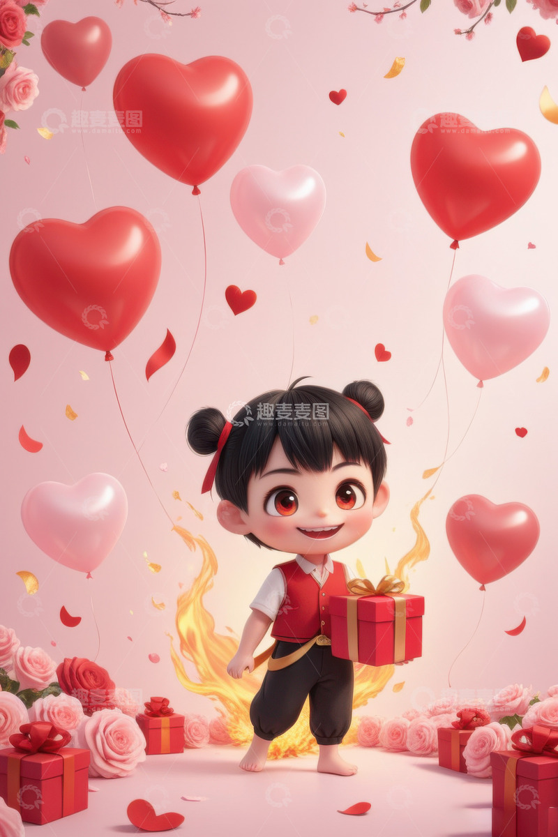 高清大图下载【趣麦麦图】情人节手拿鲜花玫瑰花的哪吒AI插画海报背2