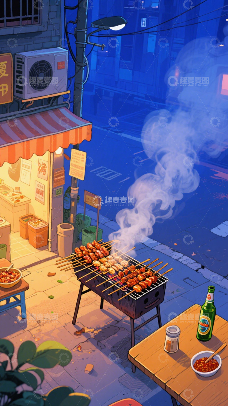 高清大图下载【趣麦麦图】夜市烧烤烟火背景1