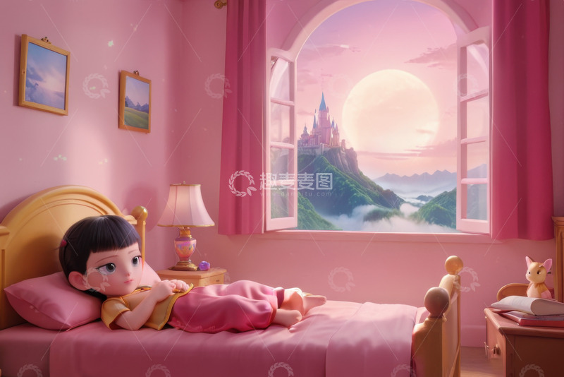 高清大图下载【趣麦麦图】在床上睡觉的可爱哪吒AI插画海报背景素材2