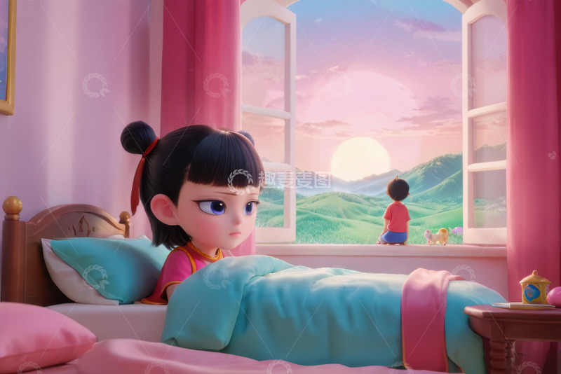 高清大图下载【趣麦麦图】在床上睡觉的可爱哪吒AI插画海报背景素材1