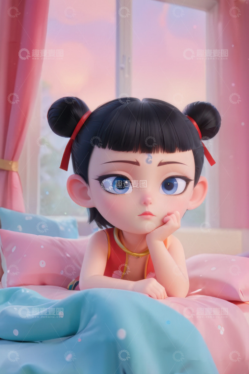 高清大图下载【趣麦麦图】在床上睡觉的可爱哪吒AI插画海报背景素材
