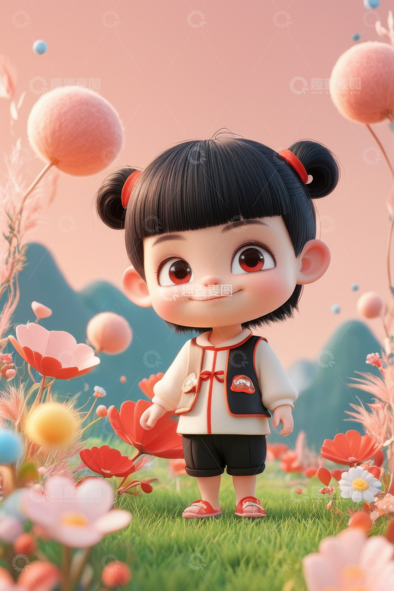 高清大图下载【趣麦麦图】3D卡通羊毛毡哪吒形像AI插画海报背景素2