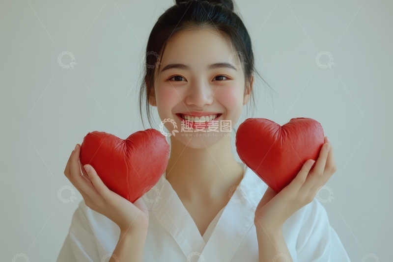 高清大图下载【趣麦麦图】拿着红色爱心微笑的护士
