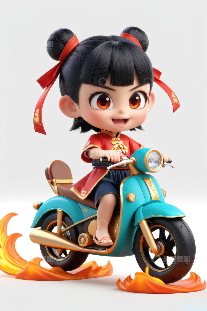 高清大图下载【趣麦麦图】3D卡通骑摩托车的哪吒AI插画海报背景素3