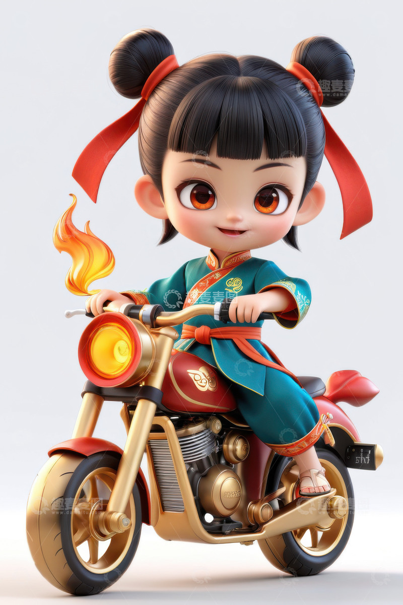 高清大图下载【趣麦麦图】3D卡通骑摩托车的哪吒AI插画海报背景素
