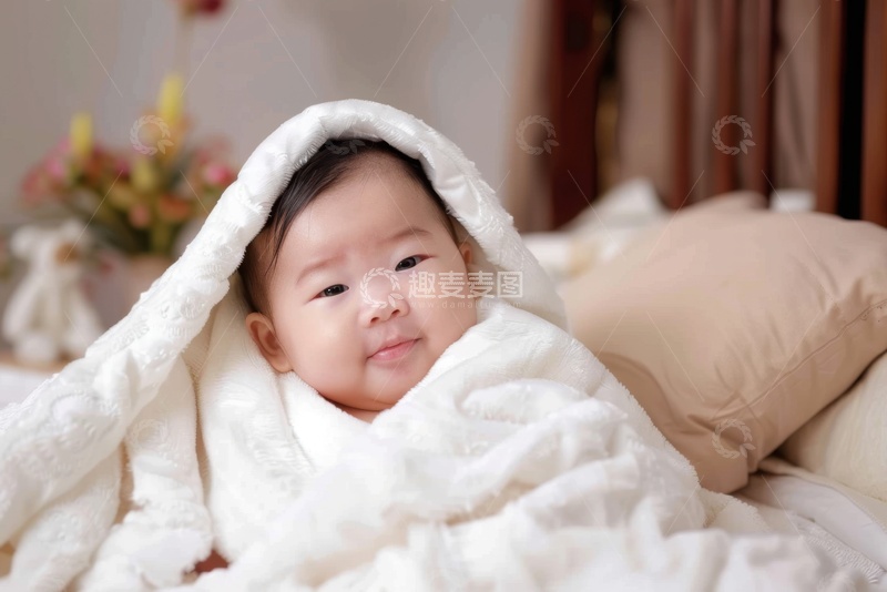 高清大图下载【趣麦麦图】裹着白色毛毯的可爱孩童